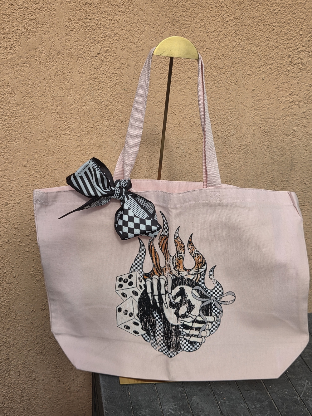 Pink Graphic Canvas Tote Bag with Checker Scarf